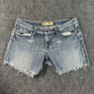 BKE Sabrina Denim Shorts Womens 32 Medium Wash Distressed Raw Hem Cut Off Low